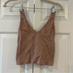Ribbed Tan V-Neck Women's Crop Tank Top